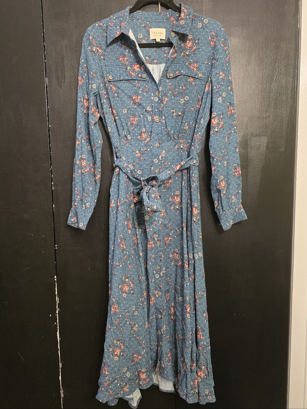 Sézane Lauretta Midi Shirt Dress in a blue and pink floral print Size 38 - Picture 2 of 7